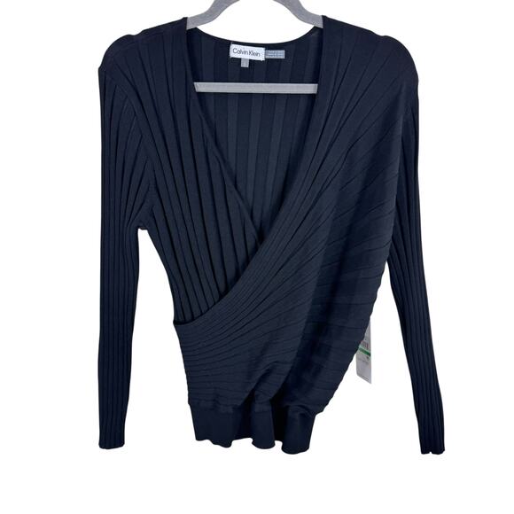 Calvin Klein NWT Black Ribbed Knit Long Sleeve Faux Wrap V-Neck Sweater Size L - Picture 1 of 8